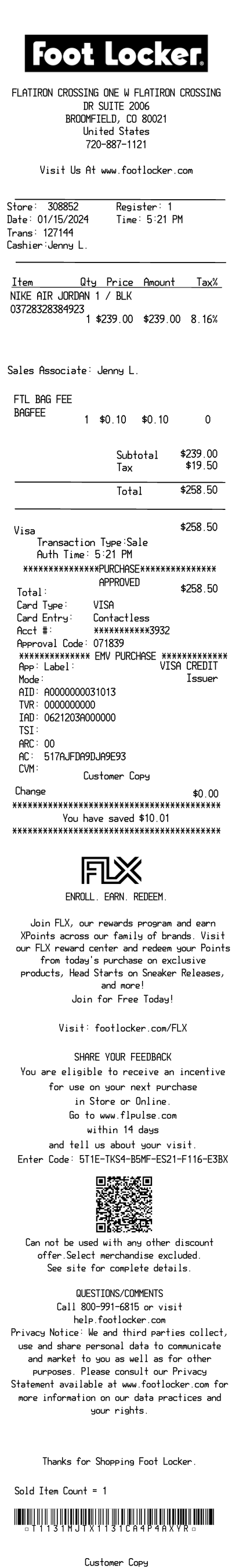 Foot Locker receipt template 2024